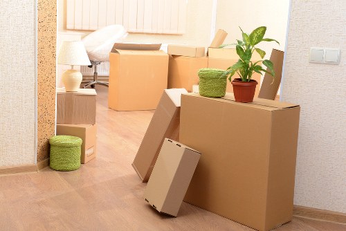 Professional movers carrying packed boxes in Merton